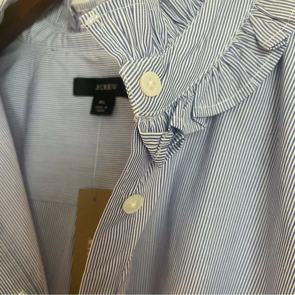 J. Crew Women's Blue and White Stripe Ruffle Button Down Shirt - Picture 6 of 9
